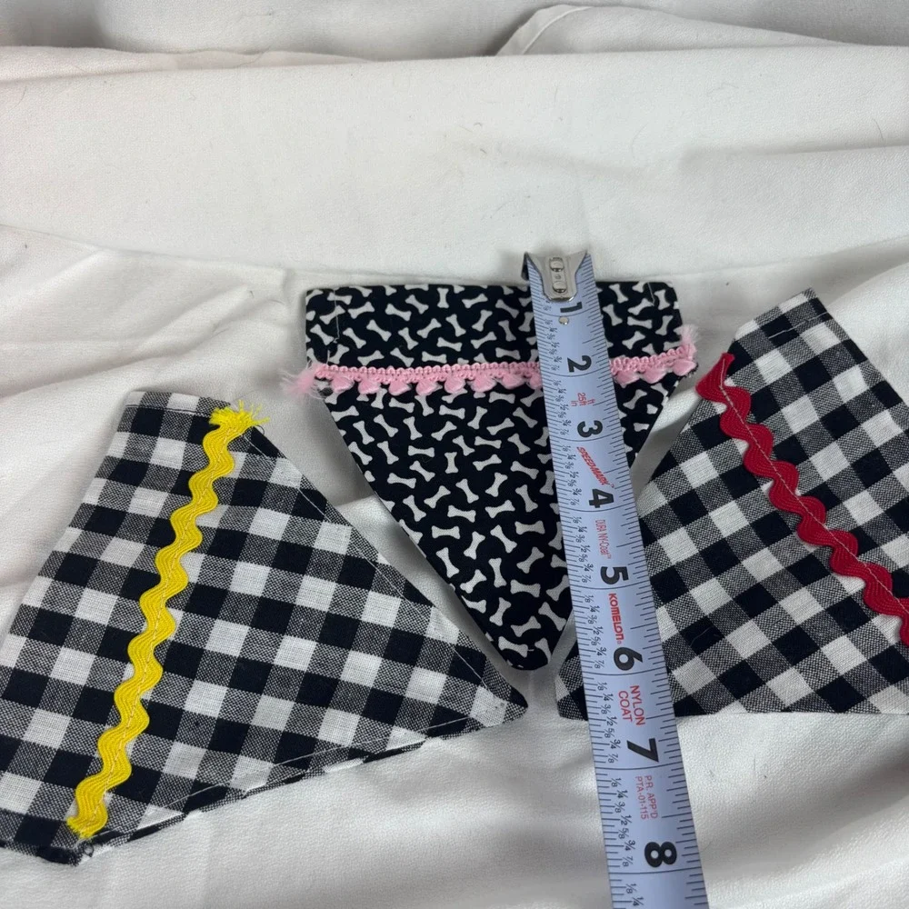 Handmade Dog Bandana Set of 3 Check blk/wht Bone Print Rickrack Trim‎ Sz S